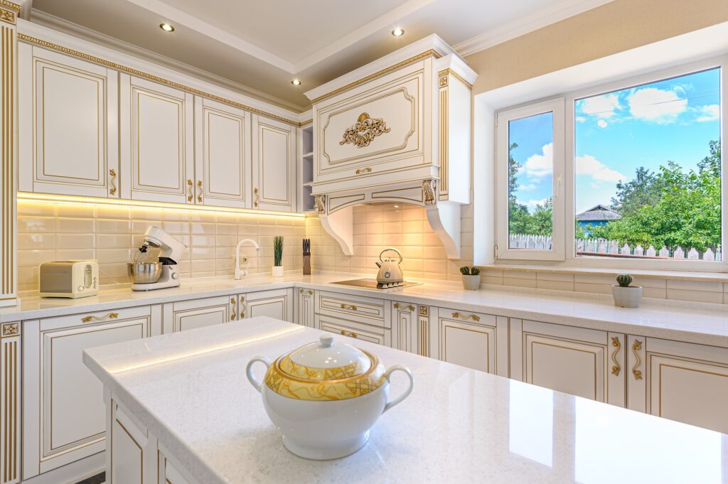neoclassic style luxury kitchen interior with island